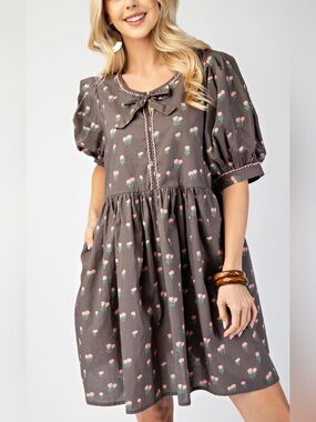 Gigio Gray Floral Tie-Neck Puff Sleeve Dress